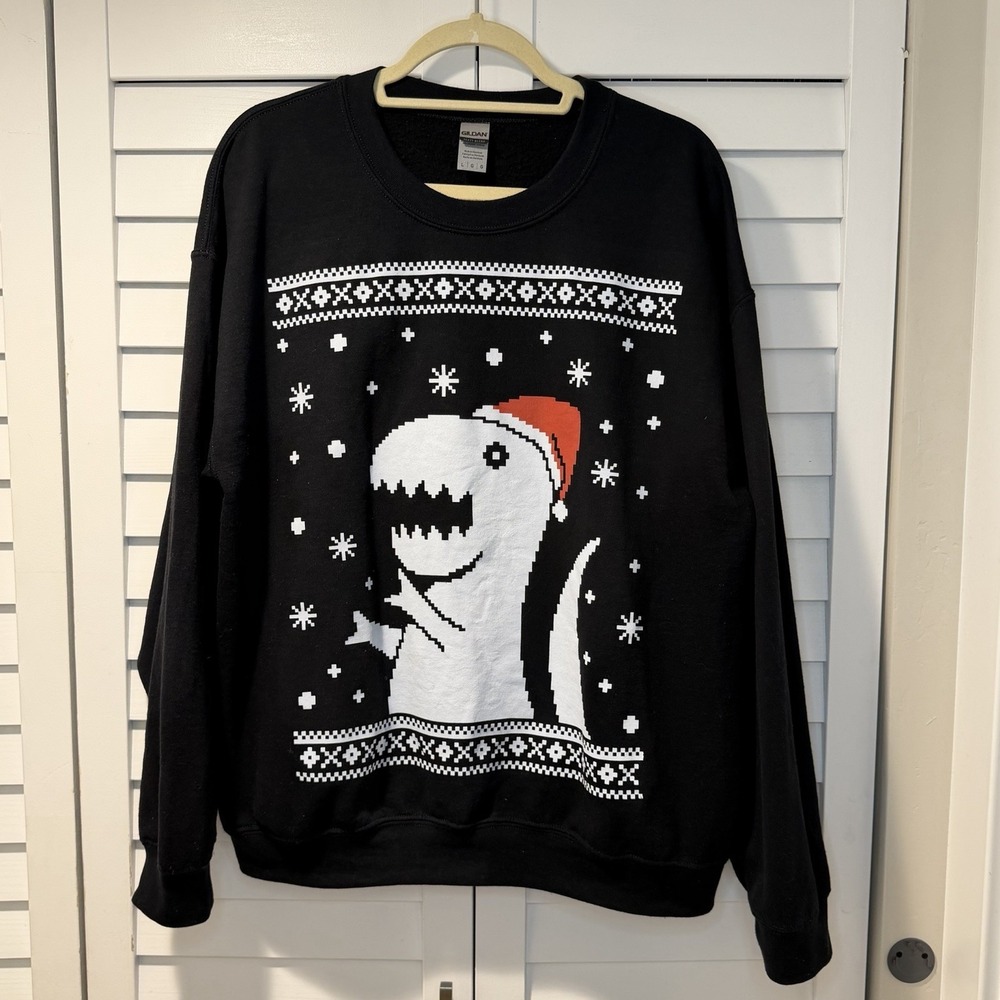 Dinosaur Santa Hat Ugly Christmas Sweatshirt Black‎ L Gildan Heavy Blend